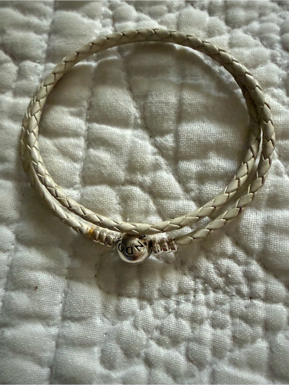 Pandora Double Wrap Cream Braided Leather Bracelet with Silver Clasp